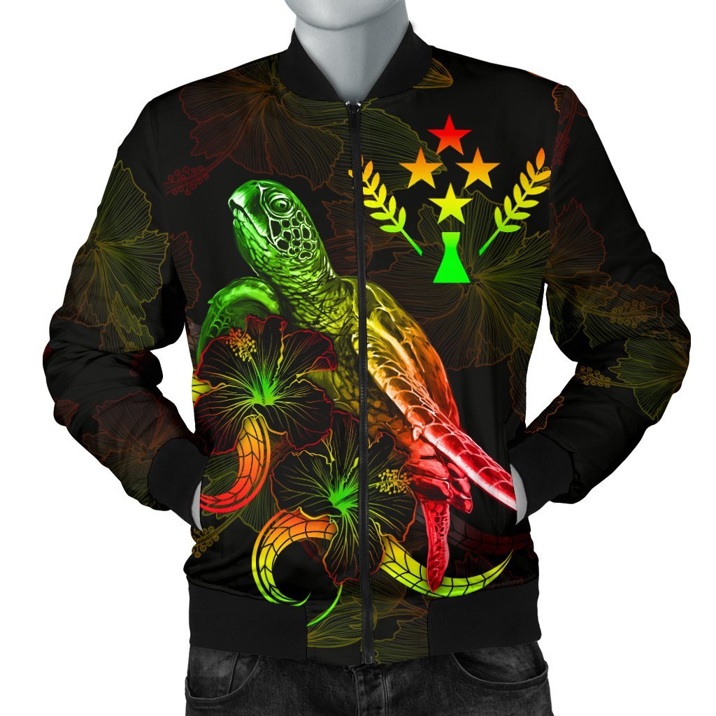 Kosrae Polynesian Men's Bomber Jacket - Turtle With Blooming Hibiscus Reggae Reggae - Polynesian Pride