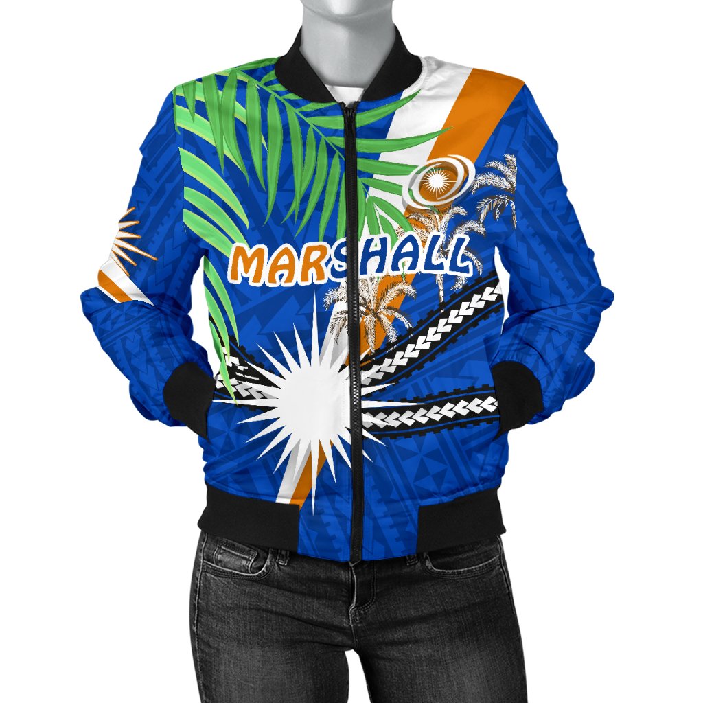 Marshall Islands Rugby Women Bomber Jacket Coconut Leaves Blue - Polynesian Pride