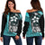 Federated States of Micronesia Women Off Shoulder Sweater Turquoise - Turtle With Hook Turquoise - Polynesian Pride