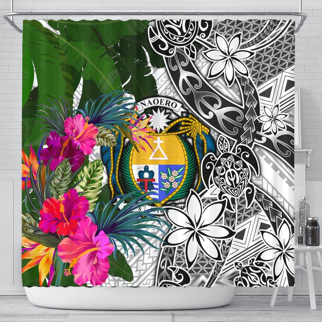 Nauru Shower Curtain White - Turtle Plumeria Banana Leaf Crest 177 x 172 (cm) White - Polynesian Pride