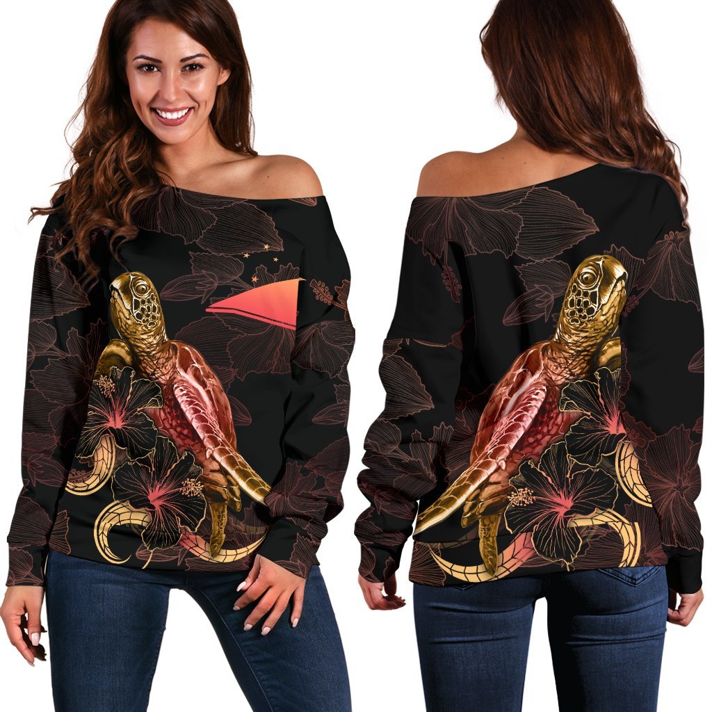 Tokelau Polynesian Women's Off Shoulder Sweater - Turtle With Blooming Hibiscus Gold Gold - Polynesian Pride