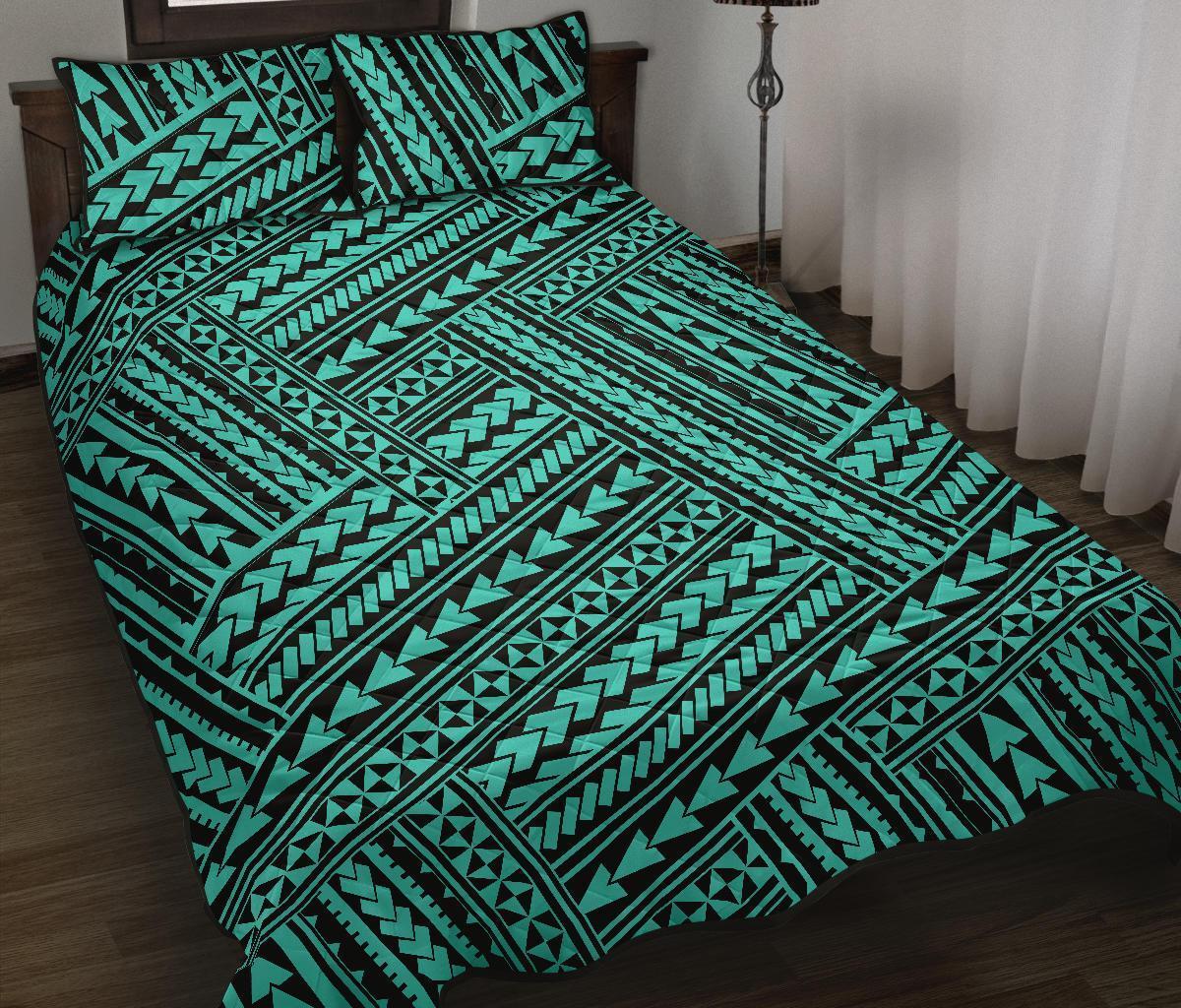 Hawaii Quilt Bed Set Polynesia Nation AH Cyan - Polynesian Pride