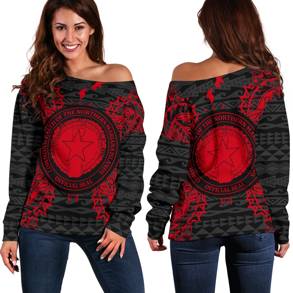 Northern Mariana Islands Polynesian Shoulder Sweater Map Red Red - Polynesian Pride