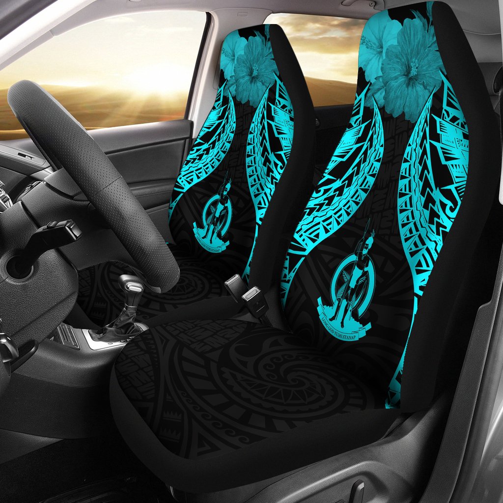 Vanuatu Polynesian Car Seat Covers Pride Seal And Hibiscus Neon Blue Universal Fit Blue - Polynesian Pride