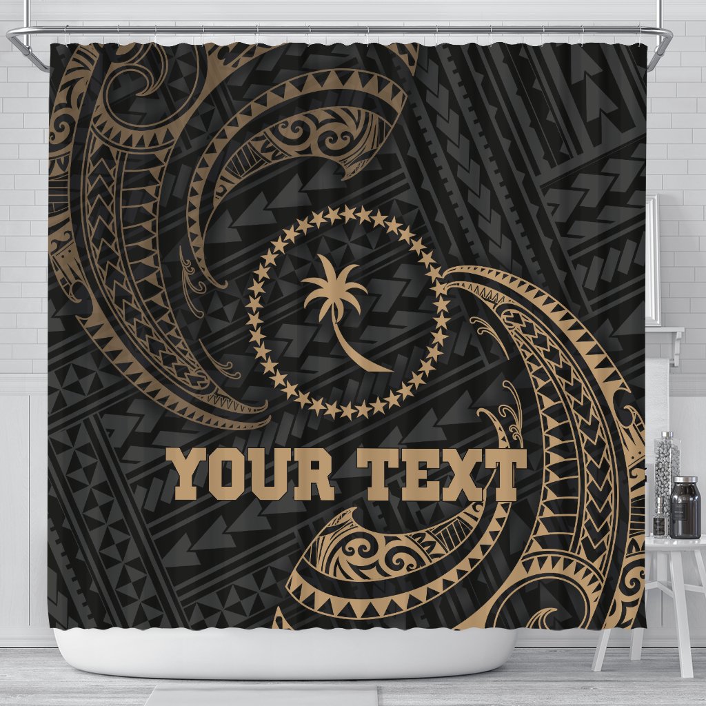 Chuuk Micronesia Custom Personalised Shower Curtain - Gold Tribal Wave 177 x 172 (cm) Black - Polynesian Pride