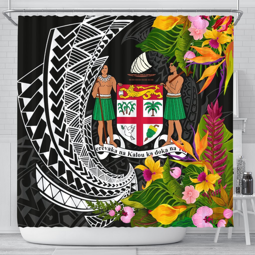 Fiji Shower Curtains - Seal Spiral Polynesian Patterns 177 x 172 (cm) Black - Polynesian Pride