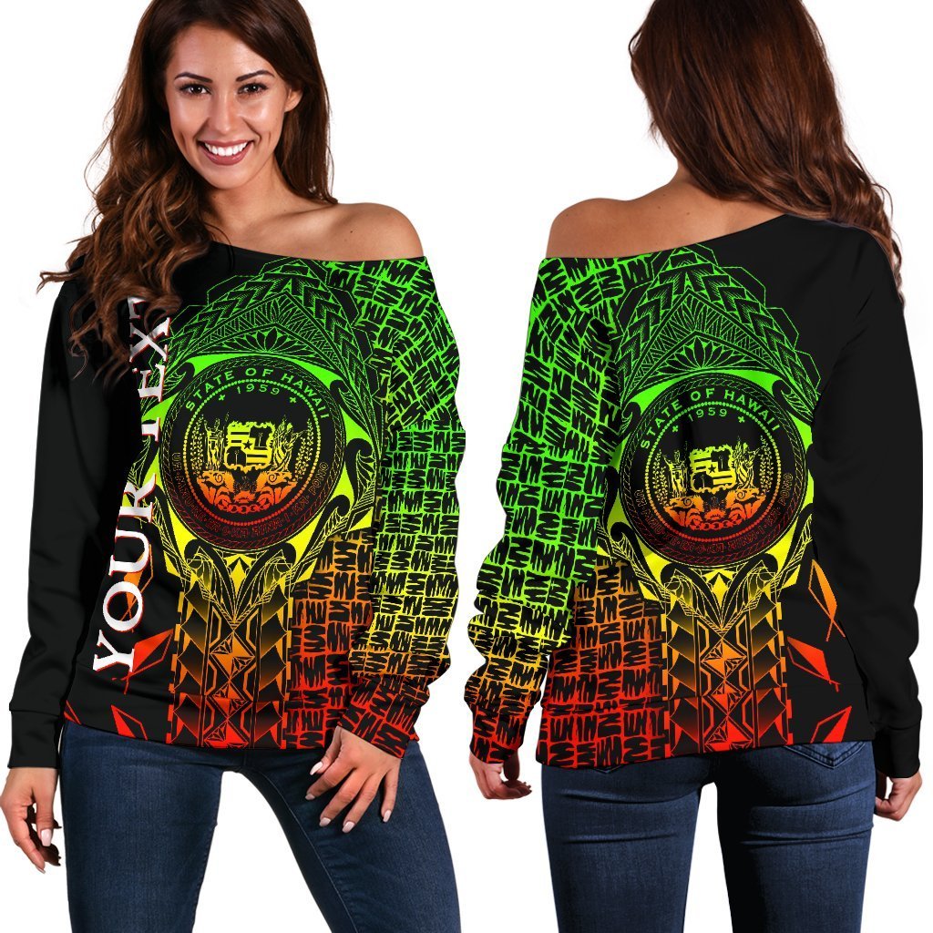 Hawaii Custom Personalised Women's Off Shoulder Sweater - Hawaii Seal Rocket Style (Reggae) Black - Polynesian Pride