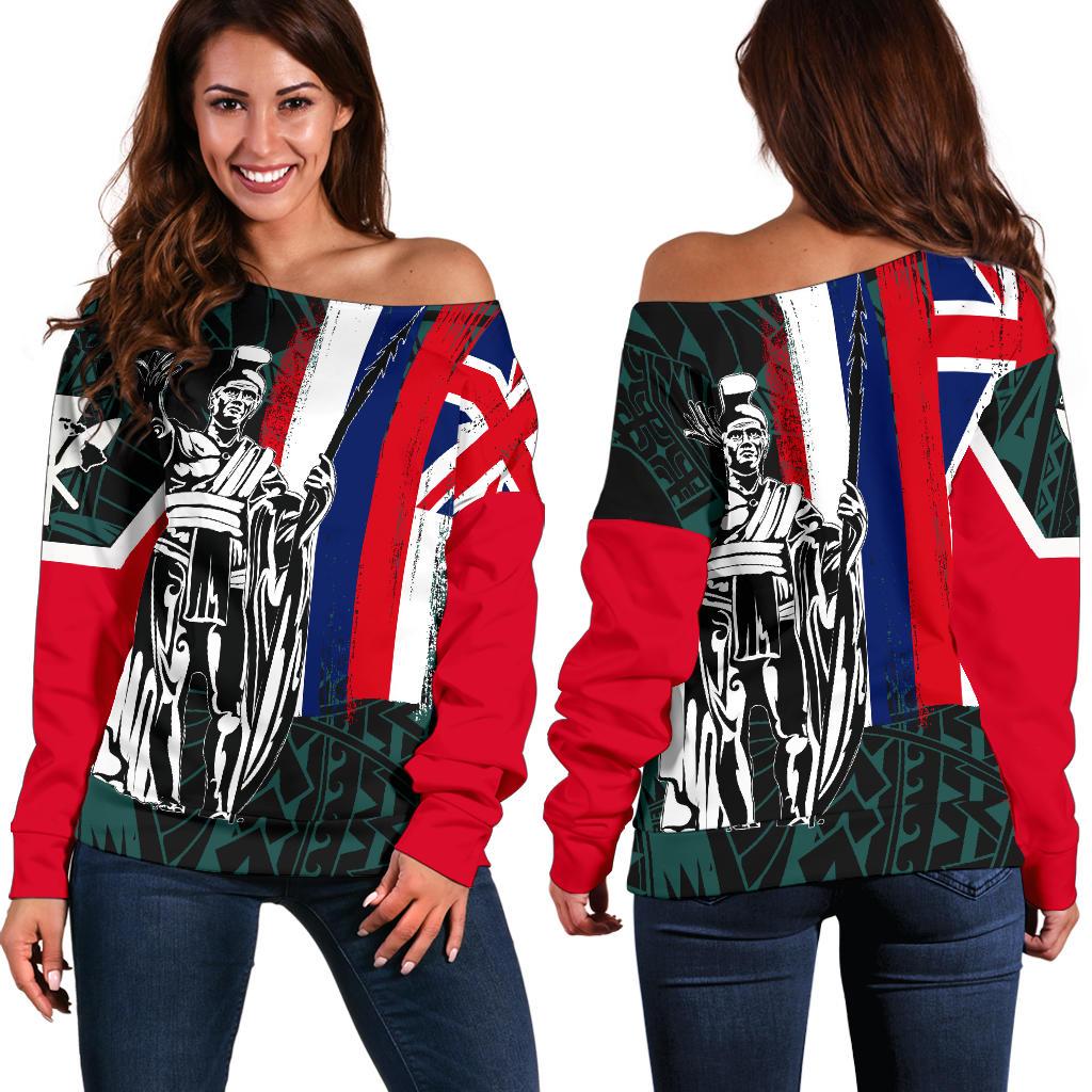 Hawaii Flag Flag Polynesian Women's Off Shoulder Sweater - Turquoise Turquoise - Polynesian Pride