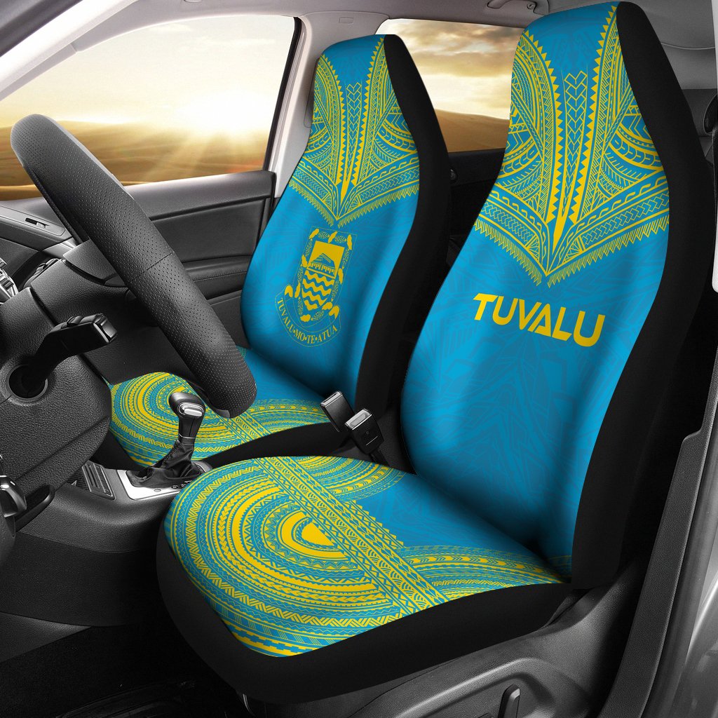 Tuvalu Car Seat Cover - Tuvalu Coat Of Arms Polynesian Chief Tattoo Light Blue Version Universal Fit Green - Polynesian Pride