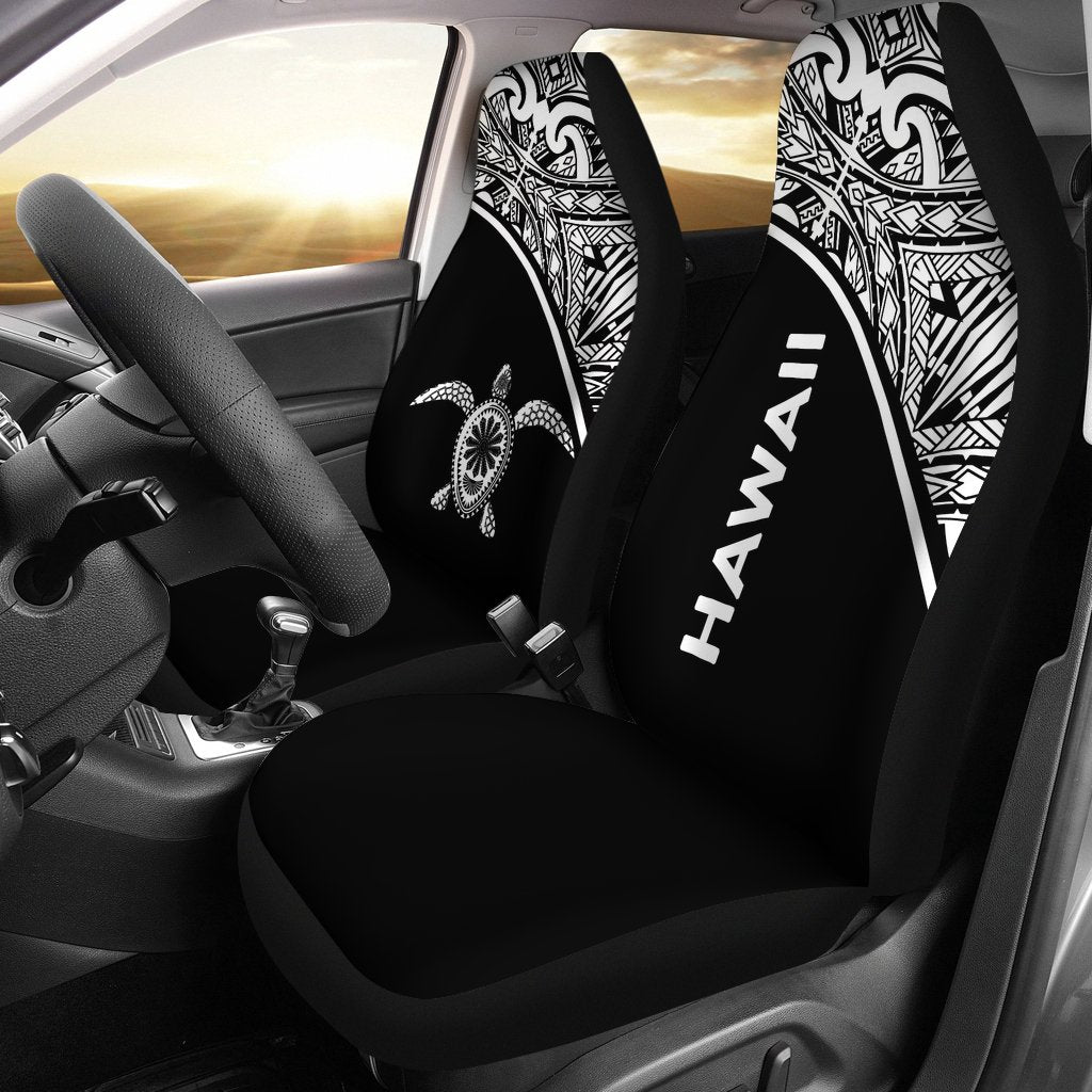 Hawaii Car Seat Covers - Polynesian Turtle Tattoo White Curve Universal Fit Black - Polynesian Pride