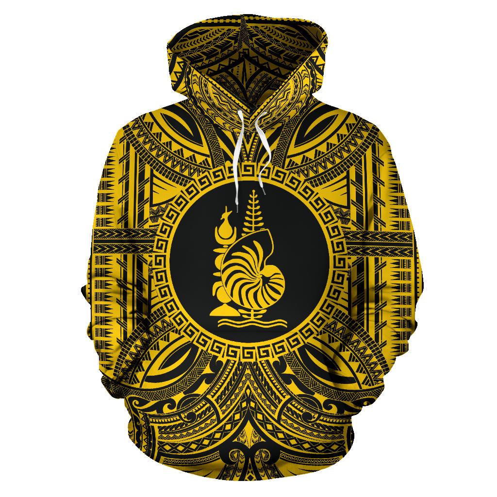 New Caledonia ll Over Hoodie New Caledonia Coat of rms Polynesian Gold Black Unisex Gold - Polynesian Pride