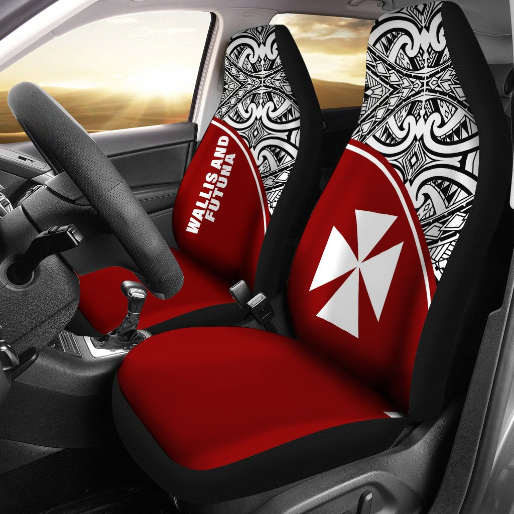 Wallis And Futuna Car Seat Covers - Wallis And Futuna Coat Of Arms Polynesian Tattoo Red Curve Universal Fit Red - Polynesian Pride