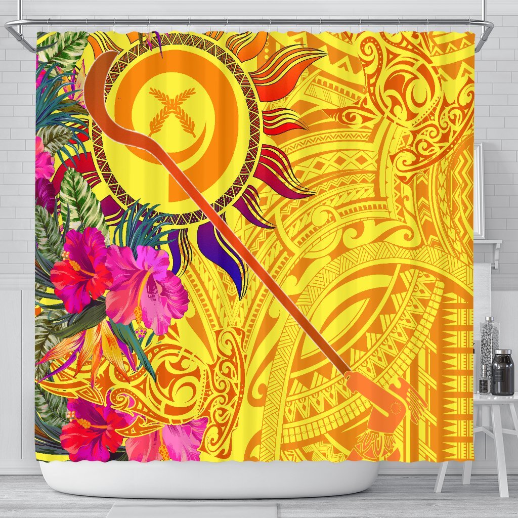 Polynesian Shower Curtains - Vanuatu Symbols With Hibiscus 177 x 172 (cm) Yellow - Polynesian Pride