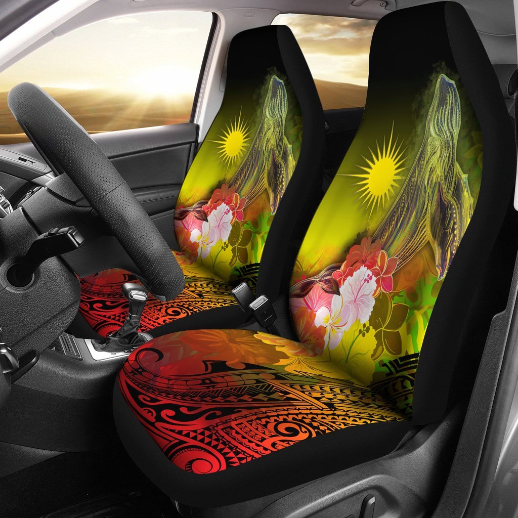 Marshall Islands Car Seat Cover - Humpback Whale with Tropical Flowers (Yellow) Universal Fit Yellow - Polynesian Pride