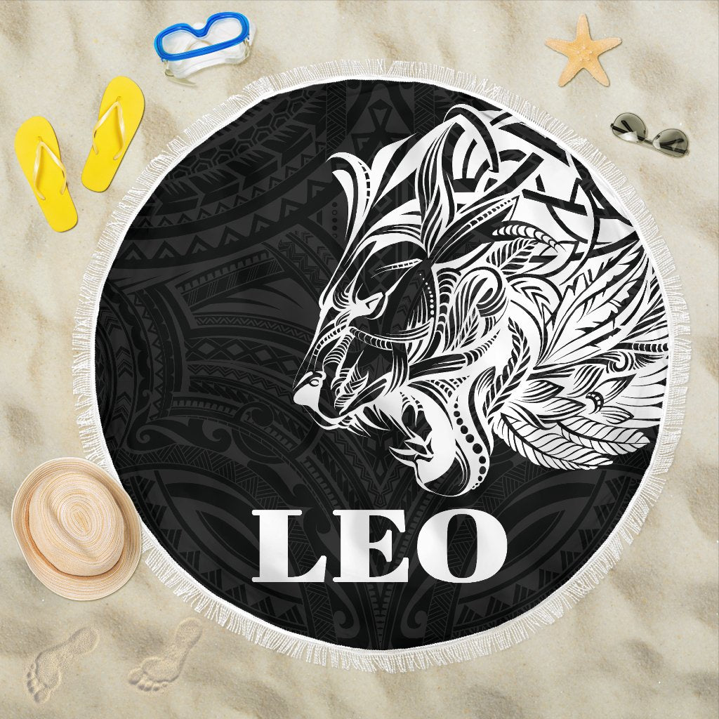 Sun In Leo Zodiac Beach Blanket Polynesian Tattoo Simple - White Beach Blanket One Size Black - Polynesian Pride