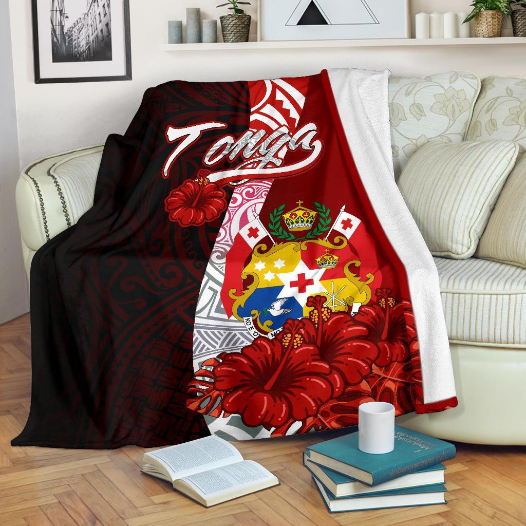 Tonga Polynesian Premium Blanket - Coat Of Arm With Hibiscus White - Polynesian Pride