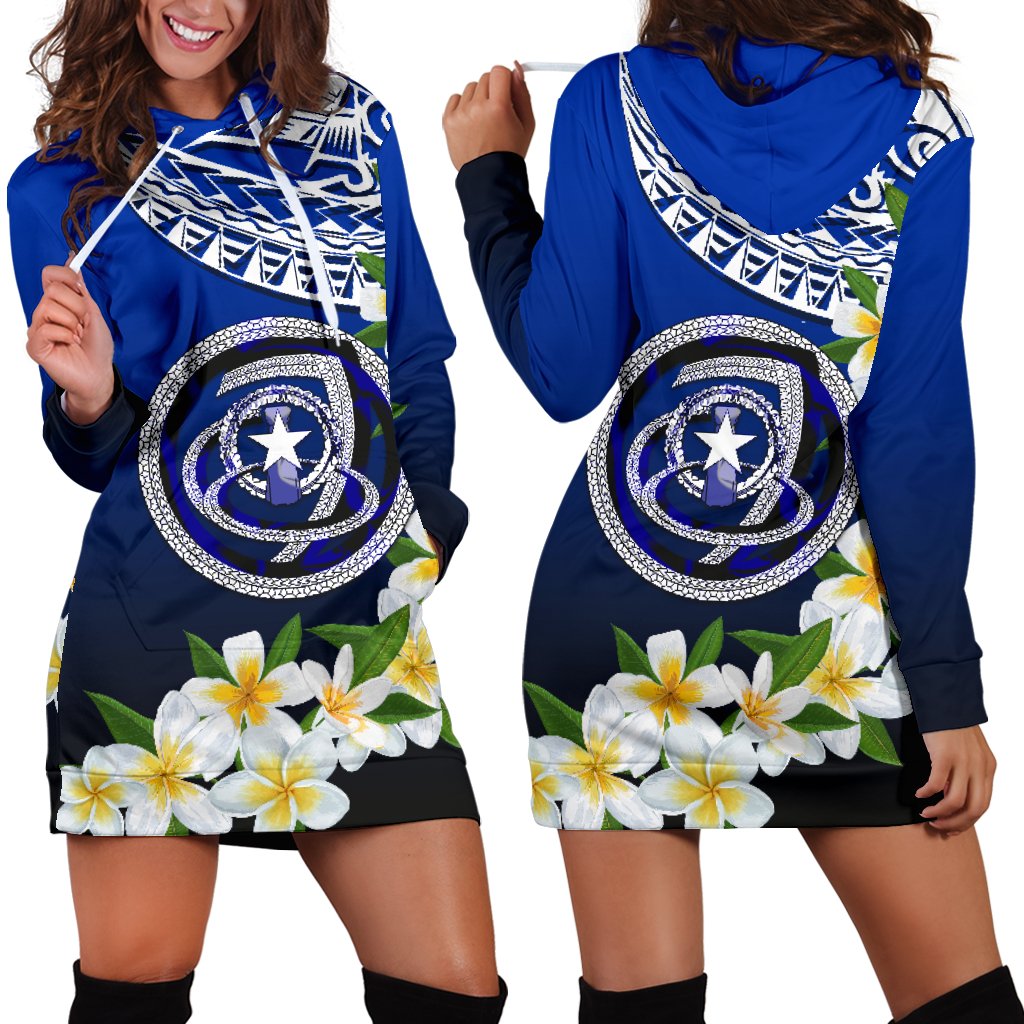 Northern Mariana Islands Women's Hoodie Dress - Polynesian Plumeria Pattern Blue - Polynesian Pride