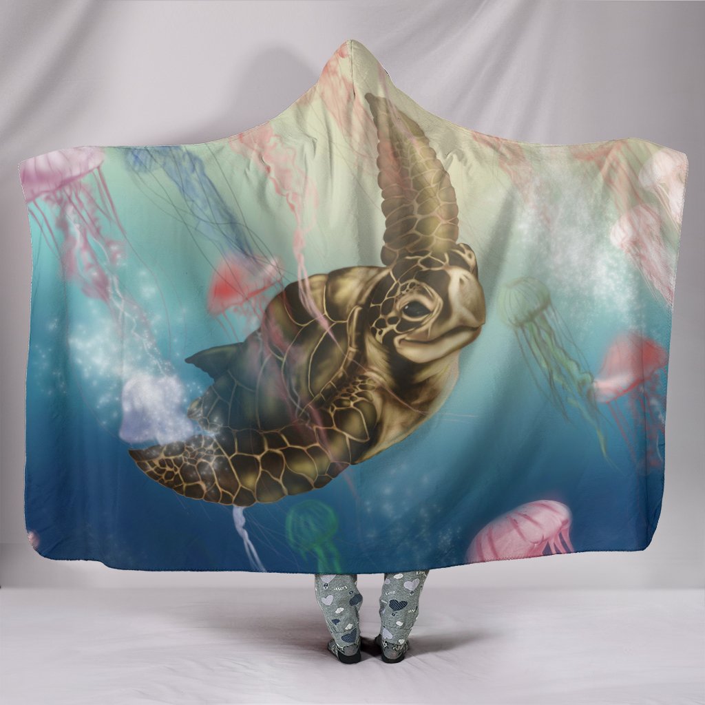 Hawaii Turtle And Jellyfish In Deep Sea Moana Hooded Blanket Hooded Blanket Blue - Polynesian Pride