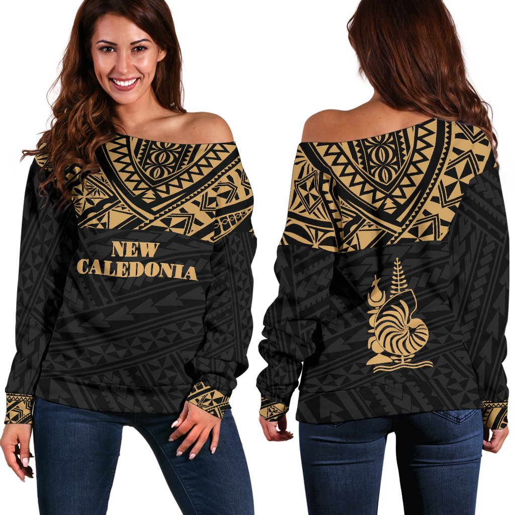 New Caledonia Women's Off Shoulder Sweater - Polynesian Design Black - Polynesian Pride