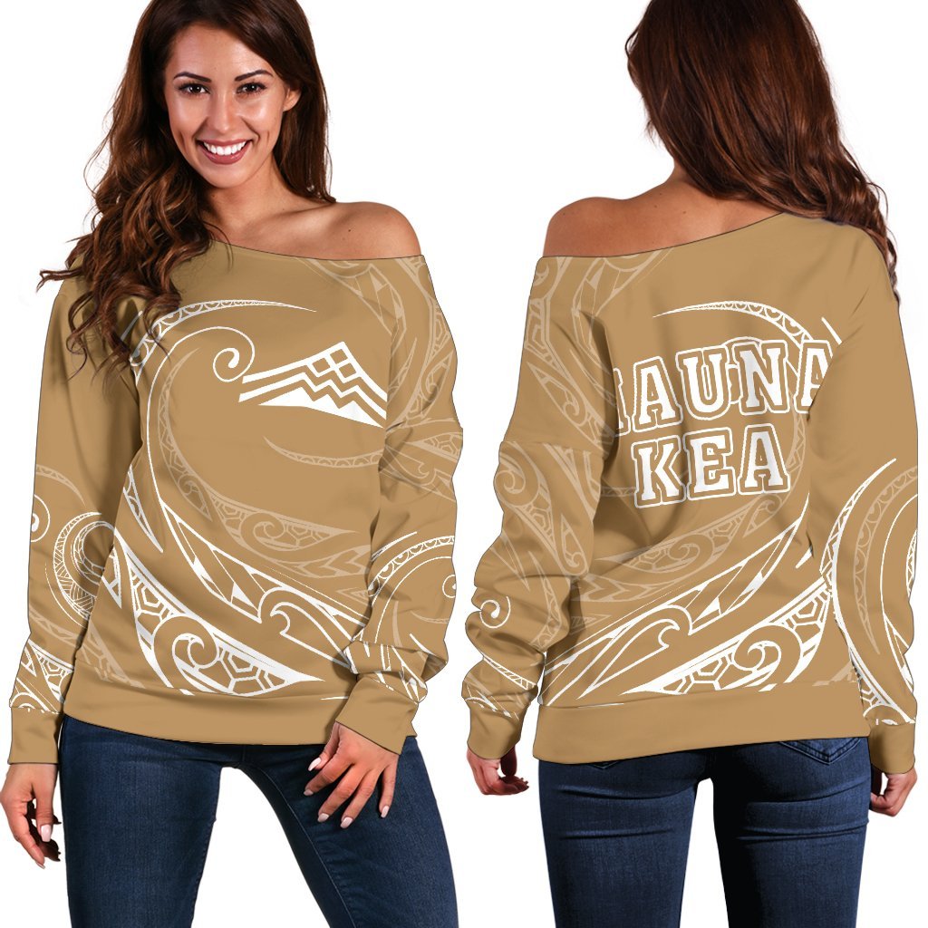 Hawaiian Mauna Kea Polynesian Women's Off Shoulder Sweater - Gold And White - Frida Style Gold - Polynesian Pride