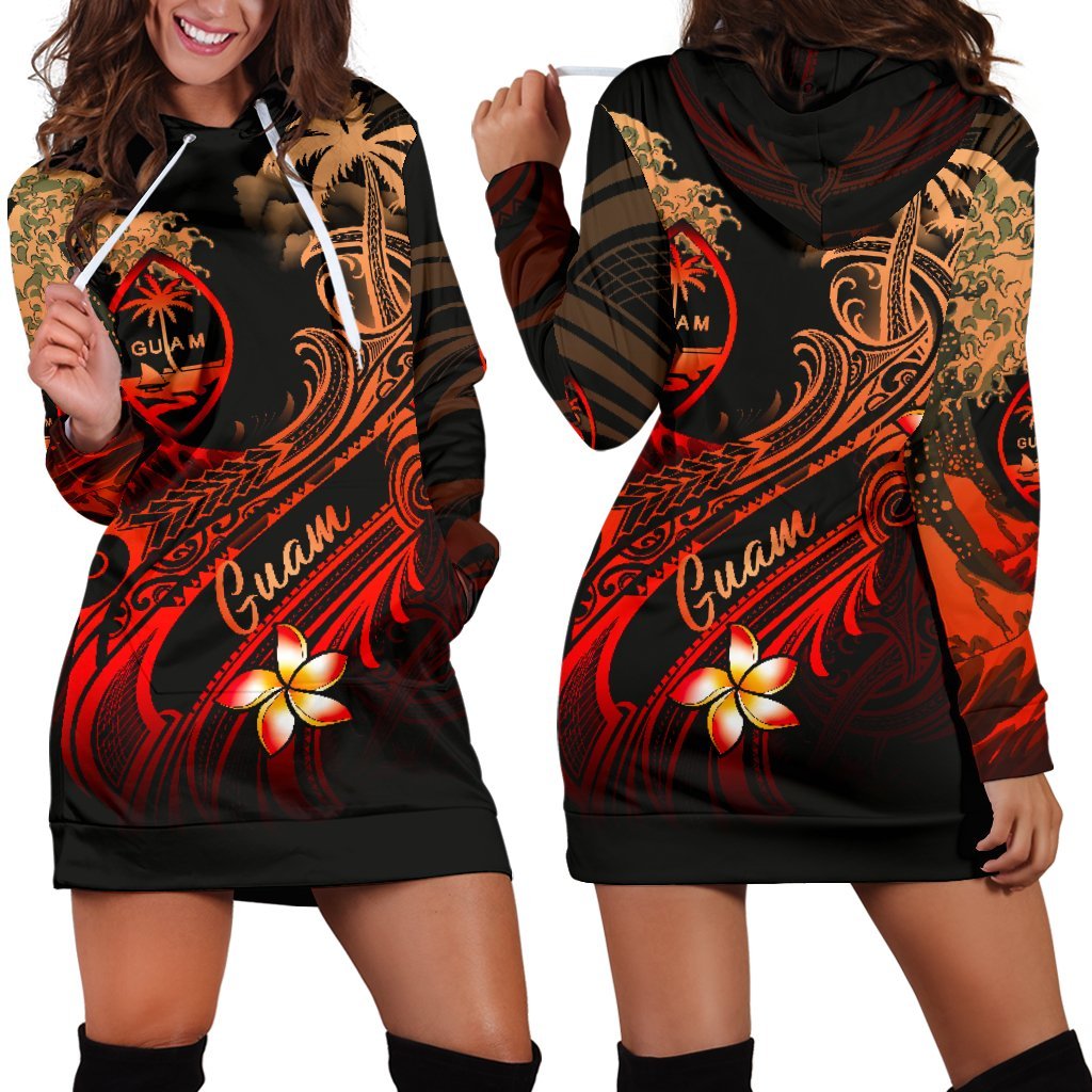 Guam Polynesian Hoodie Dress - Plumeria Flowers And Waves Red - Polynesian Pride