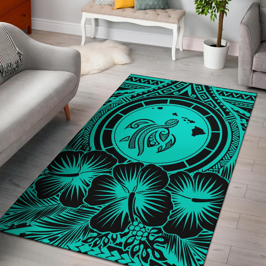 Hawaii Map Honu Hibiscus Polynesian Area Rug Turquoise AH - Polynesian Pride