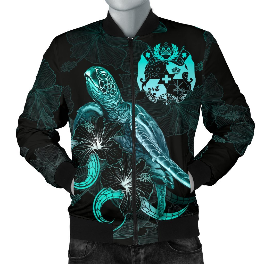 Tonga Polynesian Men's Bomber Jacket - Turtle With Blooming Hibiscus Turquoise Turquoise - Polynesian Pride