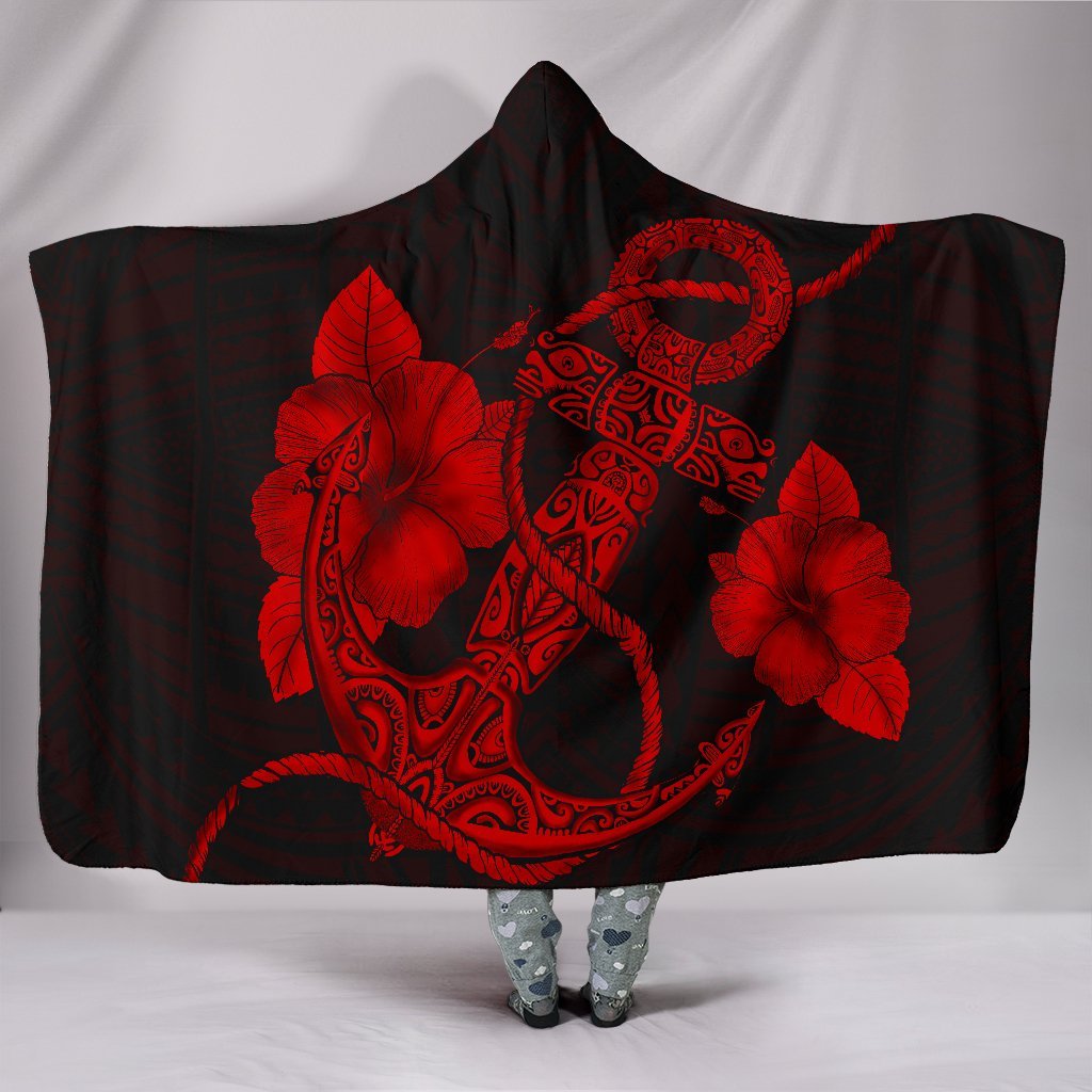 Anchor Red Poly Tribal Hooded Blanket Hooded Blanket Red - Polynesian Pride