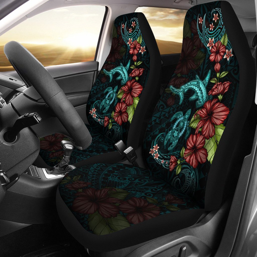 Polynesian Car Seat Covers Turtle And Shark - Hibiscus Turquoise Universal Fit Art - Polynesian Pride