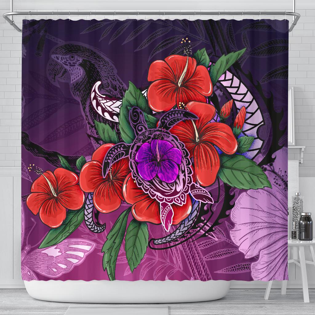 Polynesian Shower Curtain - Purple Hibiscus Turtle Flowing 177 x 172 (cm) PURPLE - Polynesian Pride