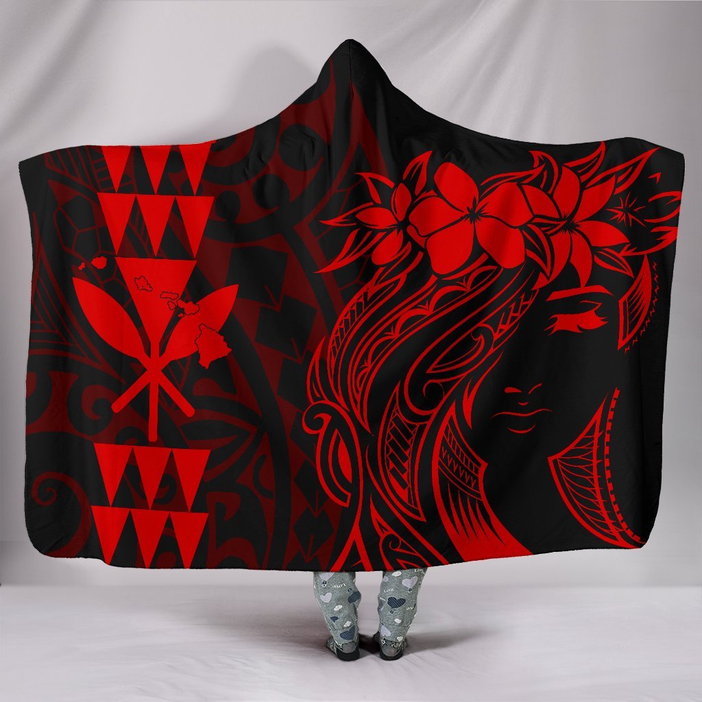 Hawaii Map Kanaka Polynesian Hula Girl Hooded Blanket - Red Hooded Blanket Red - Polynesian Pride