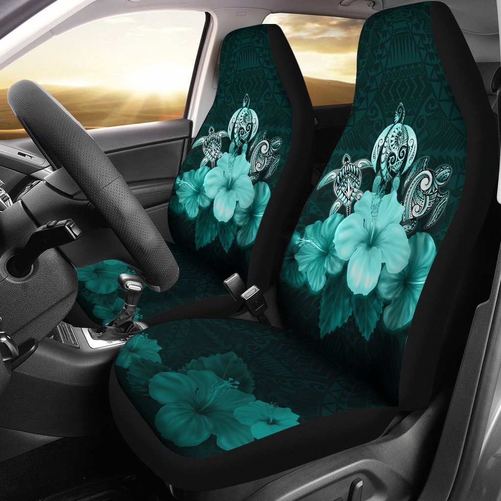 Polynesian Car Seat Covers Turtle And Hibiscus Turquoise Universal Fit Turquoise - Polynesian Pride