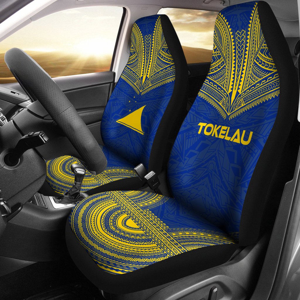 Tokelau Car Seat Cover - Tokelau Flag Polynesian Chief Tattoo Blue Version Universal Fit Blue - Polynesian Pride