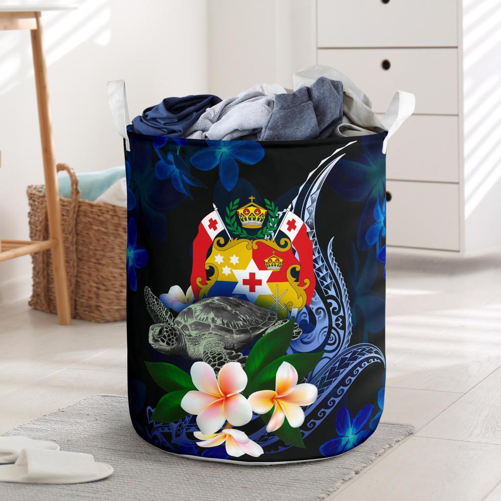 Tonga Polynesian Laundry Basket - Turtle With Plumeria Flowers One Style One Size Blue - Polynesian Pride