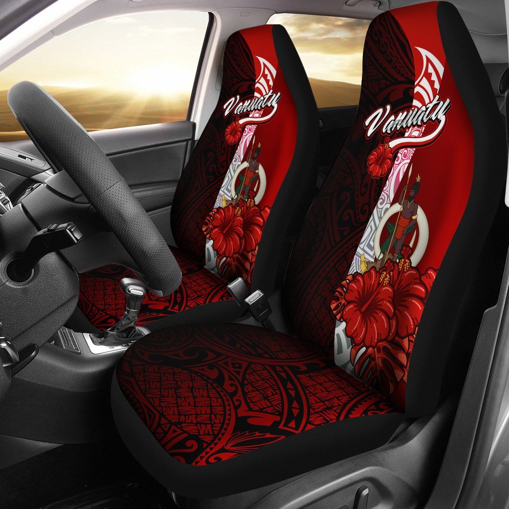 Vanuatu Polynesian Car Seat Covers - Coat Of Arm With Hibiscus Universal Fit Red - Polynesian Pride