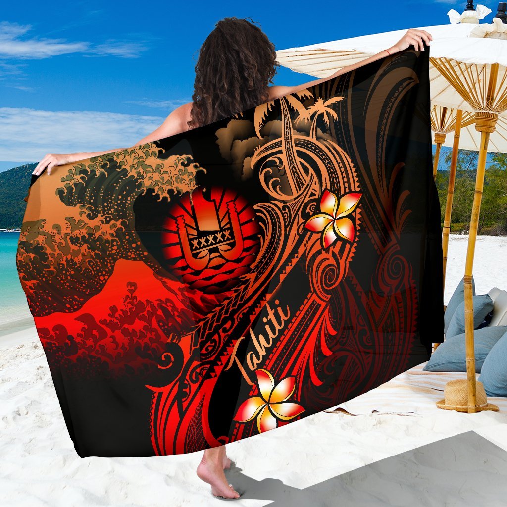 Tahiti Polynesian Sarong - Plumeria Flowers And Waves One Style One Size Red - Polynesian Pride