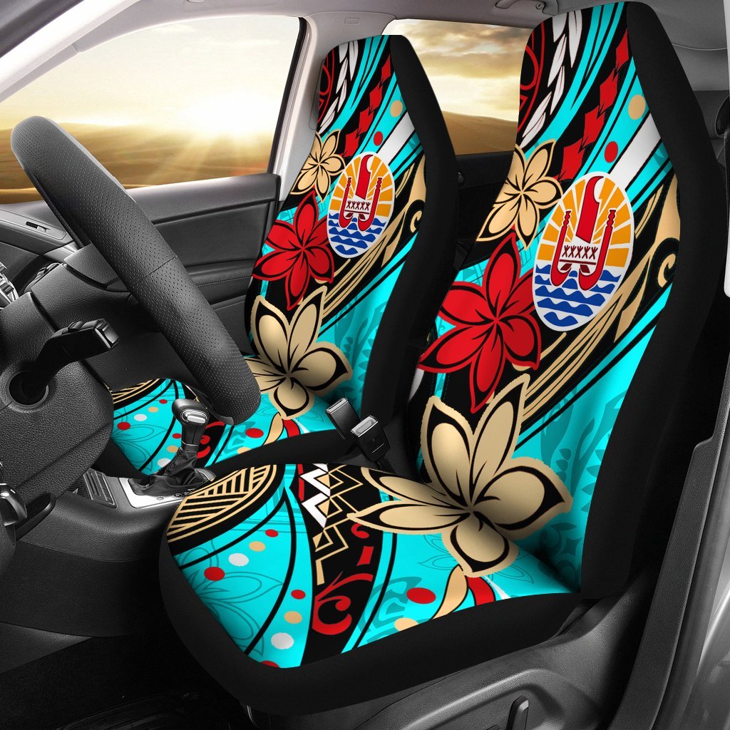 Tahiti Car Seat Covers - Tribal Flower With Special Turtles Blue Color Universal Fit Blue - Polynesian Pride