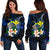 Polynesian Hawaii Women's Off Shoulder Sweater - Turtle With Plumeria Flowers Blue - Polynesian Pride