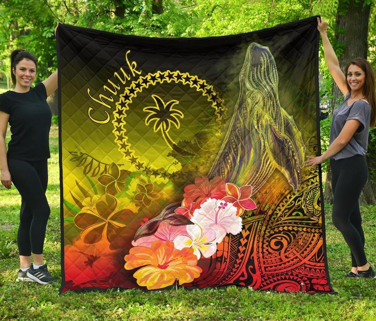 Chuuk Premium Quilt - Humpback Whale with Tropical Flowers (Yellow) Yellow - Polynesian Pride