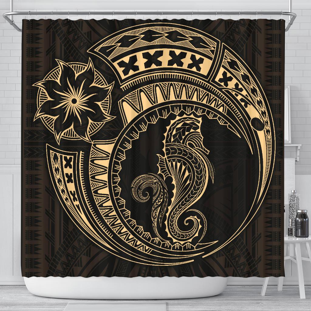 Seahorse Polynesian Shower Curtain - Polynesian Tattoo Gold 177 x 172 (cm) Gold - Polynesian Pride