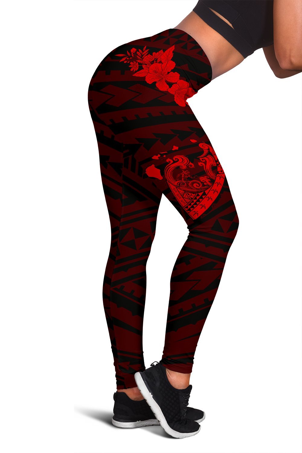 Hawaii Hibiscus Banzai Surfing Women's Legging Red Black - Polynesian Pride