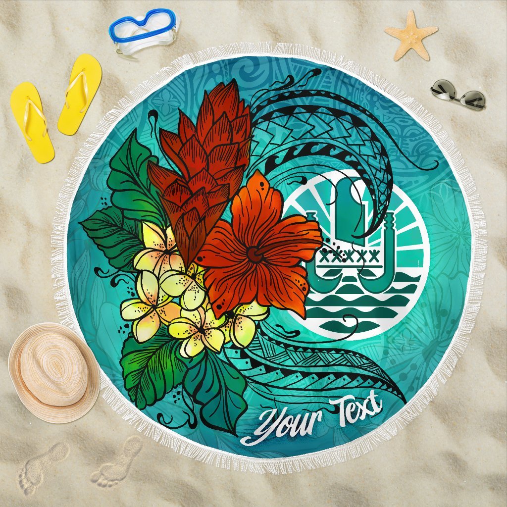 Tahiti Beach Blanket - Custom Personalised Tropical Flowers Style Beach Blanket - Tahiti One Size Blue - Polynesian Pride