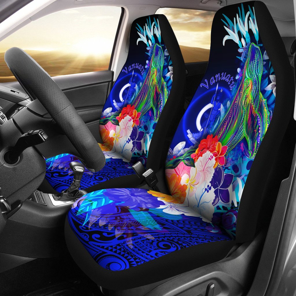 Vanuatu Car Seat Covers - Humpback Whale with Tropical Flowers (Blue) Universal Fit Blue - Polynesian Pride