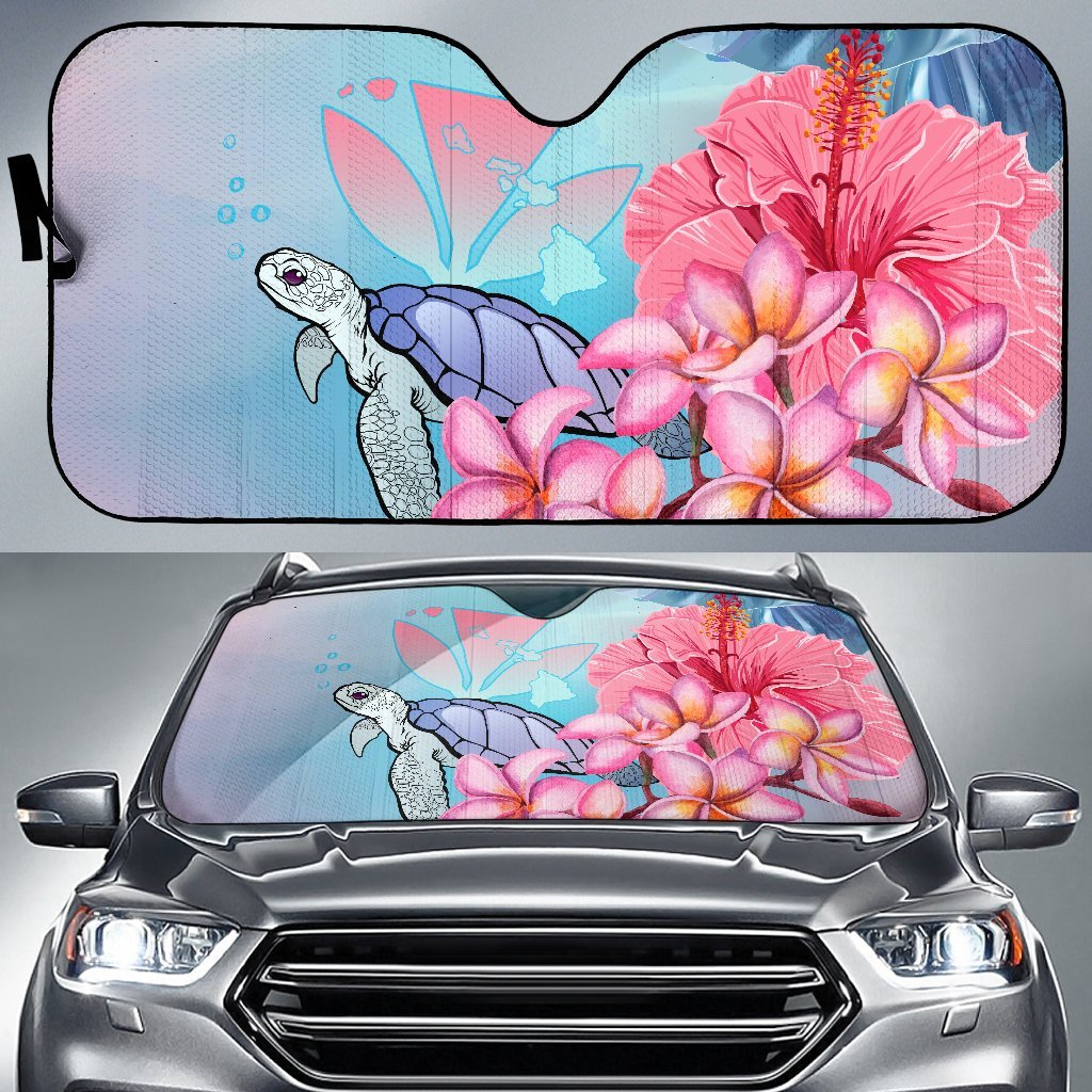 Hawaii Map Kanaka Turtle Galaxy Night Plumeria Hibiscus Car Sun Shade Auto Sun Shade Universal Fit Pink - Polynesian Pride