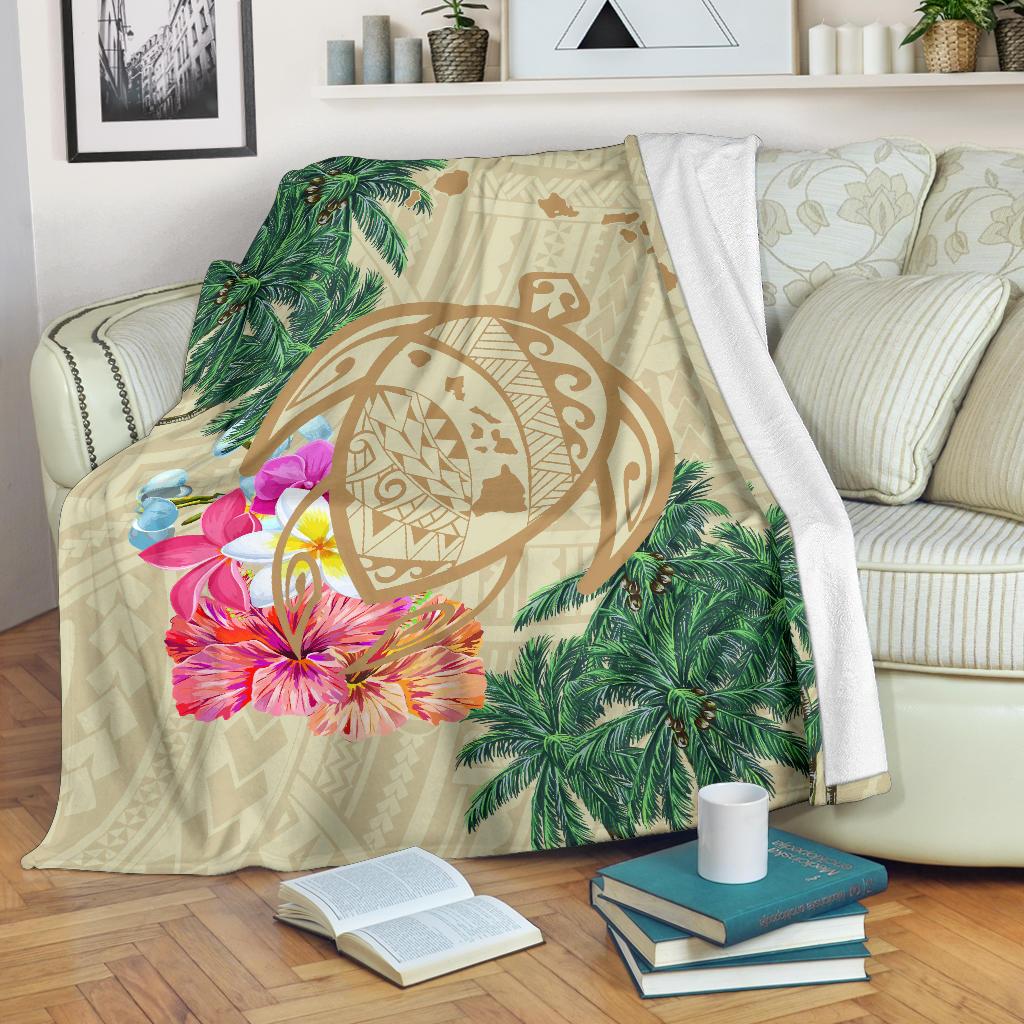 Hawaii Kanaka Maoli Polynesian Flowers Turtle Premium Blanket White - Polynesian Pride