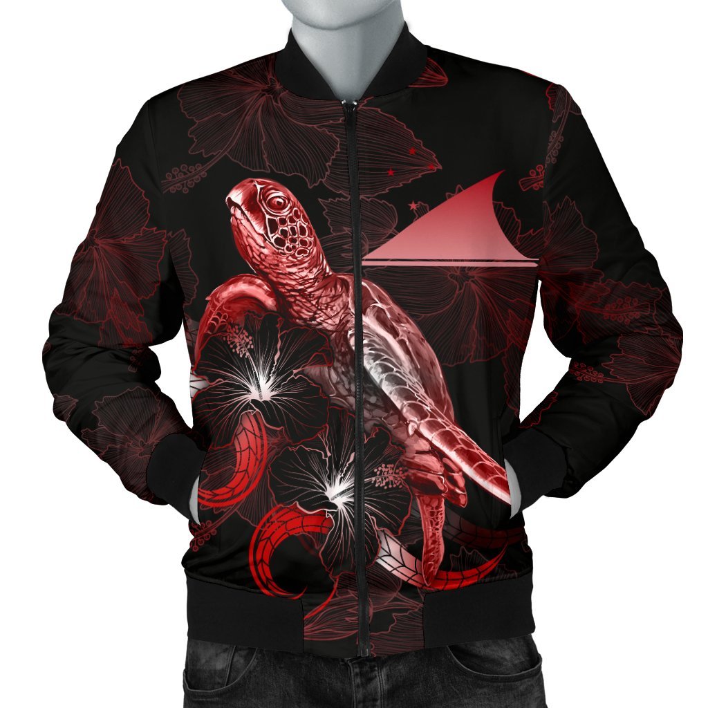 Tokelau Polynesian Men's Bomber Jacket - Turtle With Blooming Hibiscus Red Red - Polynesian Pride