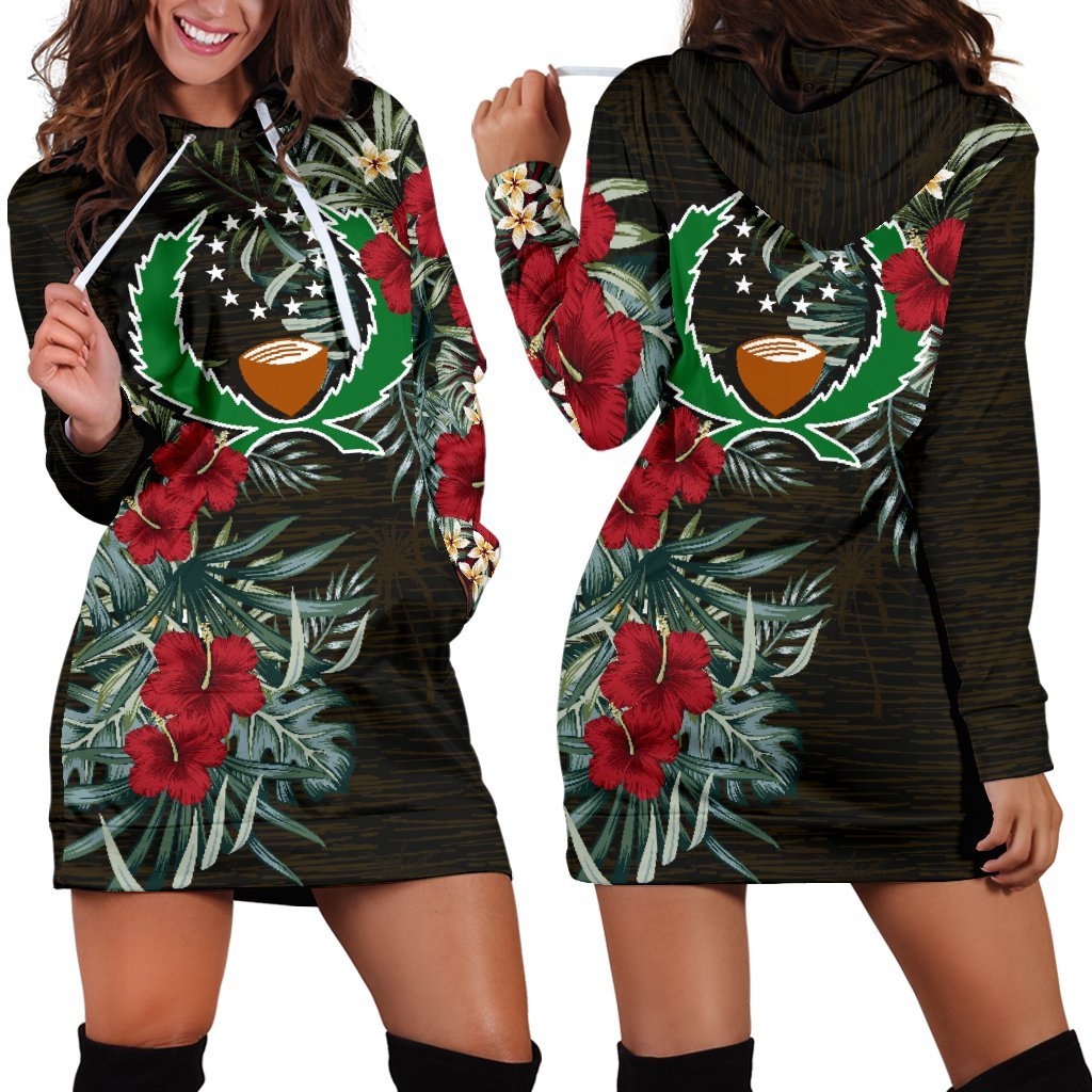 Pohnpei Hoodie Dress - Pohnpei Flag Hibiscus Black - Polynesian Pride