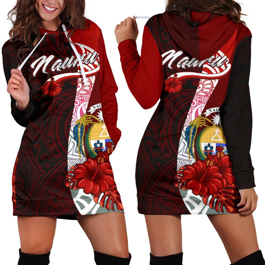 Nauru Polynesian Hoodie Dress - Coat Of Arm With Hibiscus Red - Polynesian Pride