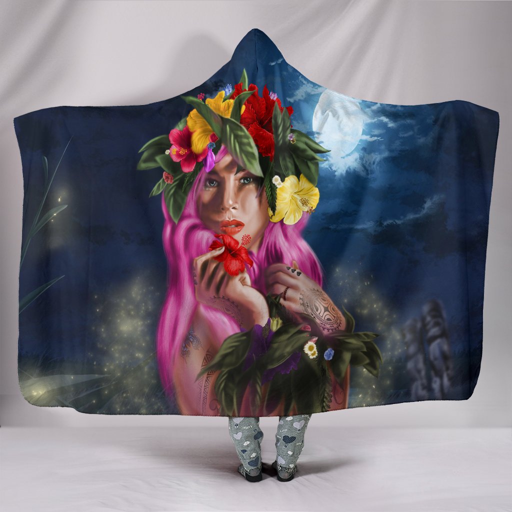 Hawaii Kanaka Colorful Hula Girl Hooded Blanket - Dinh Style Hooded Blanket Blue - Polynesian Pride