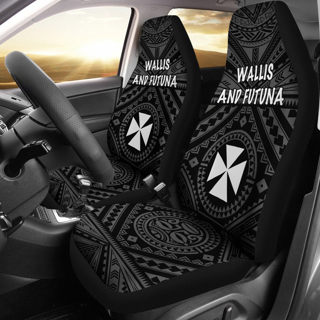 Wallis and Futuna Car Seat Covers - Wallis and Futuna Seal With Polynesian Tattoo Style Universal Fit Black - Polynesian Pride